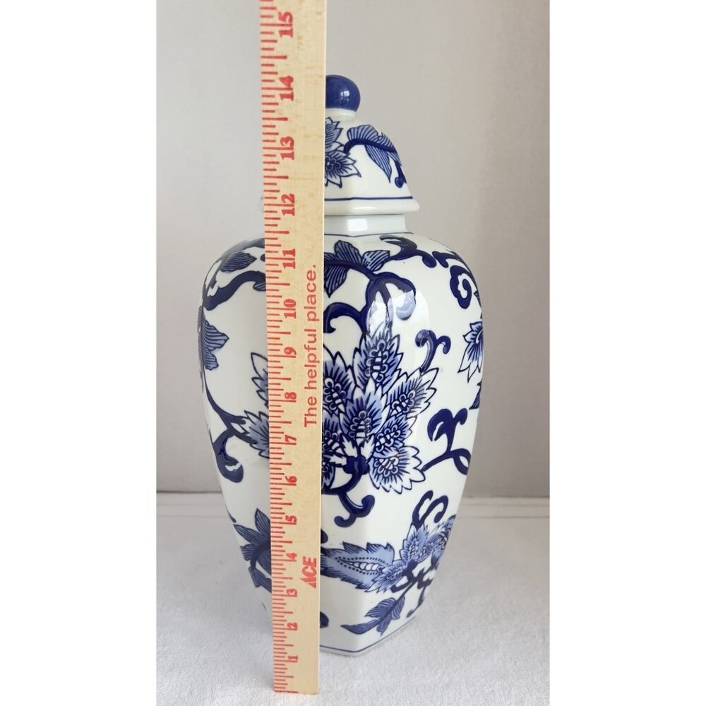 Vintage Chinoiserie Hexagon Ginger Jar Blue White15"H x 7"W Asian Home Decor - Picture 3 of 7